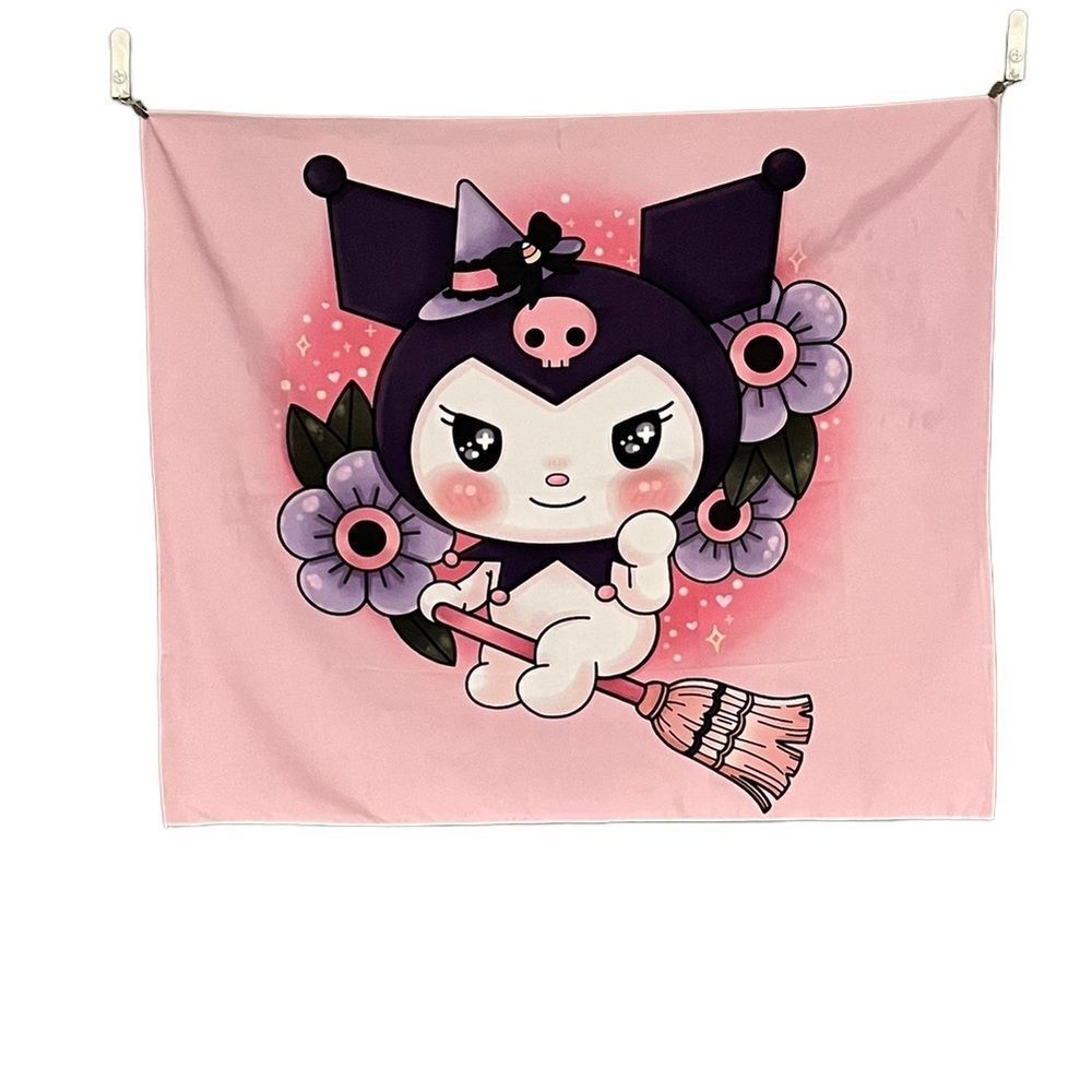 Sanrio Kuromi Witch on A Broom Pink Purple Black Wall Hanging Tapestry
